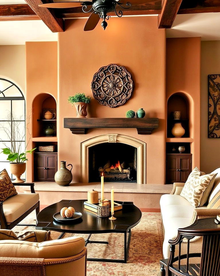 spanish style fireplace with decorative niches