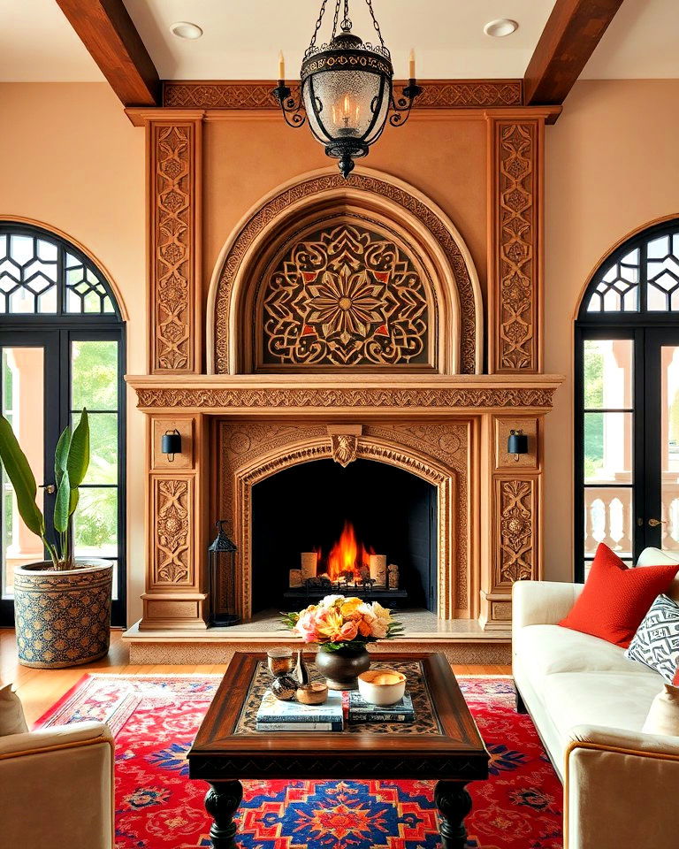 spanish style fireplace with moorish style patterns