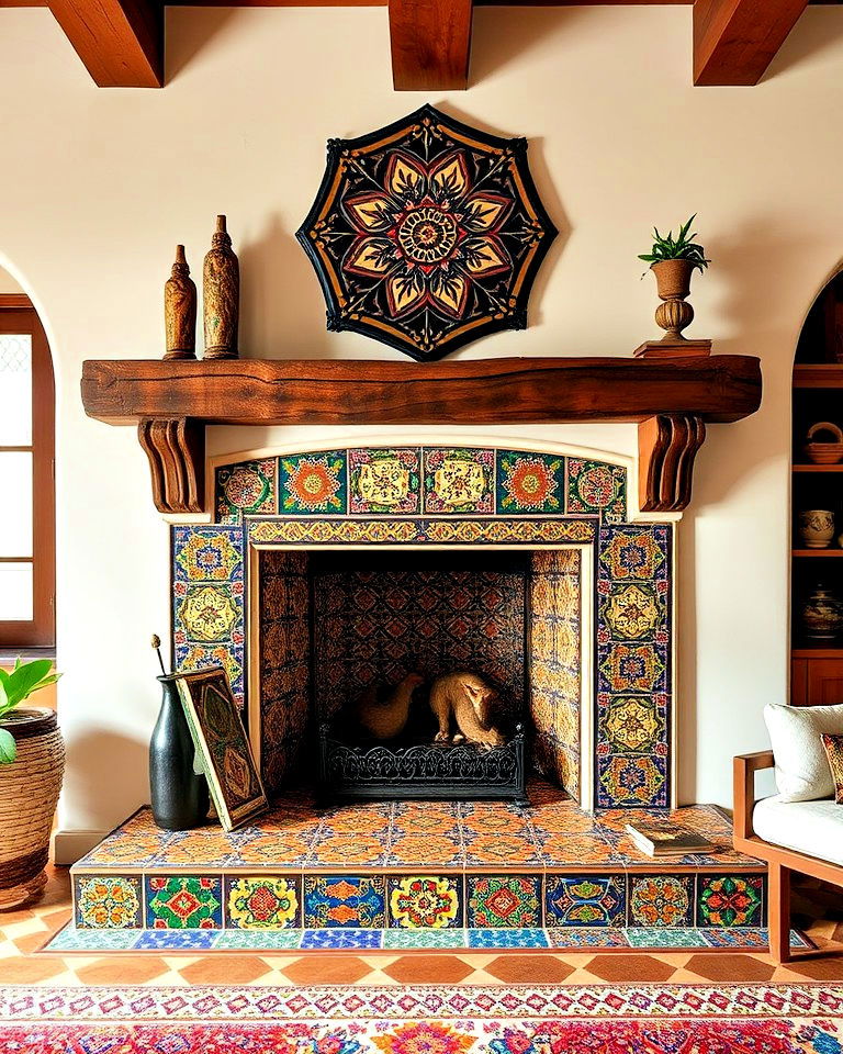 spanish style fireplace with mosaic tile hearth