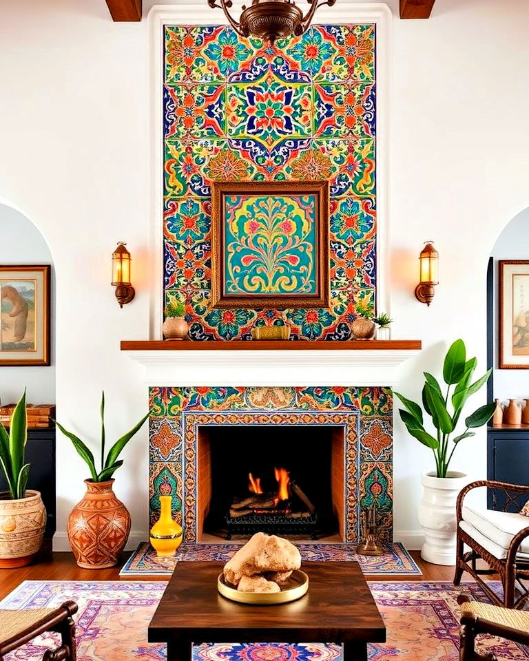 spanish style fireplace with vibrant andalusian tiles