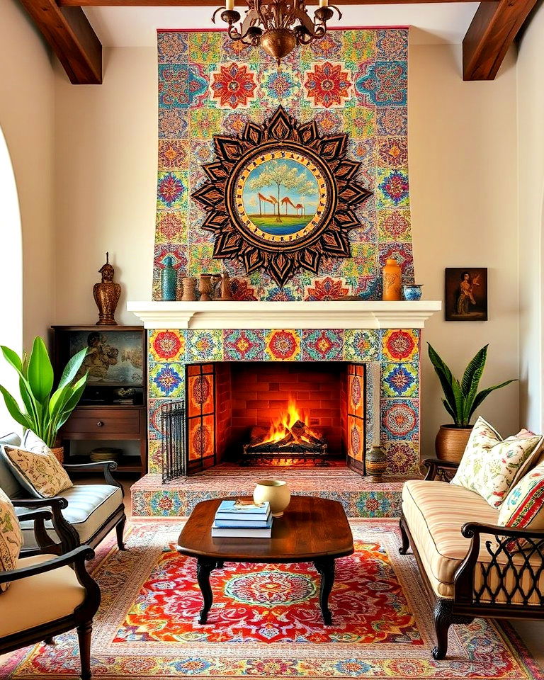 spanish style fireplace with vibrant painted tiles