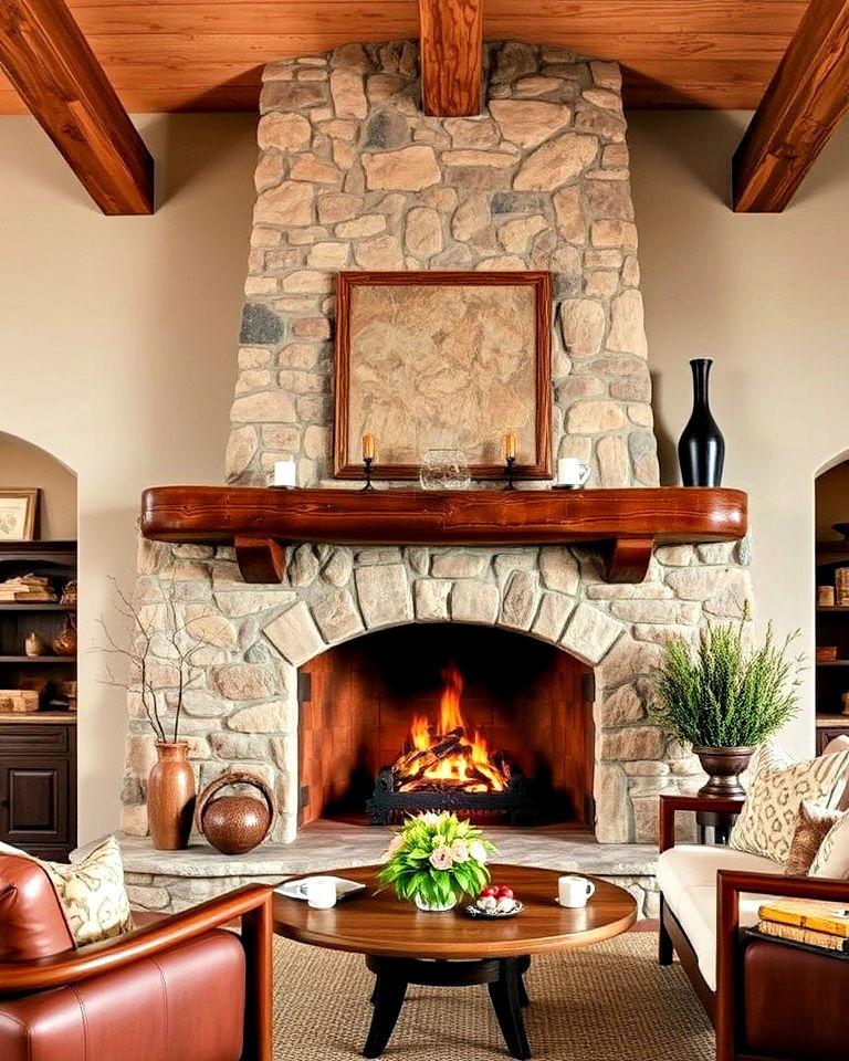 spanish style rustic stone and wood fireplace