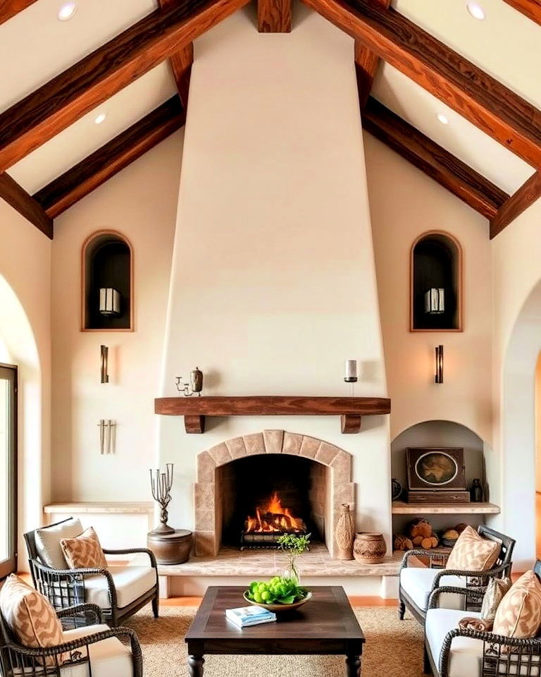 spanish style stucco and wood beam fireplace