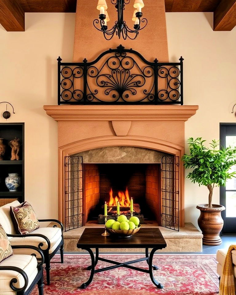 spanish style wrought iron detail fireplace