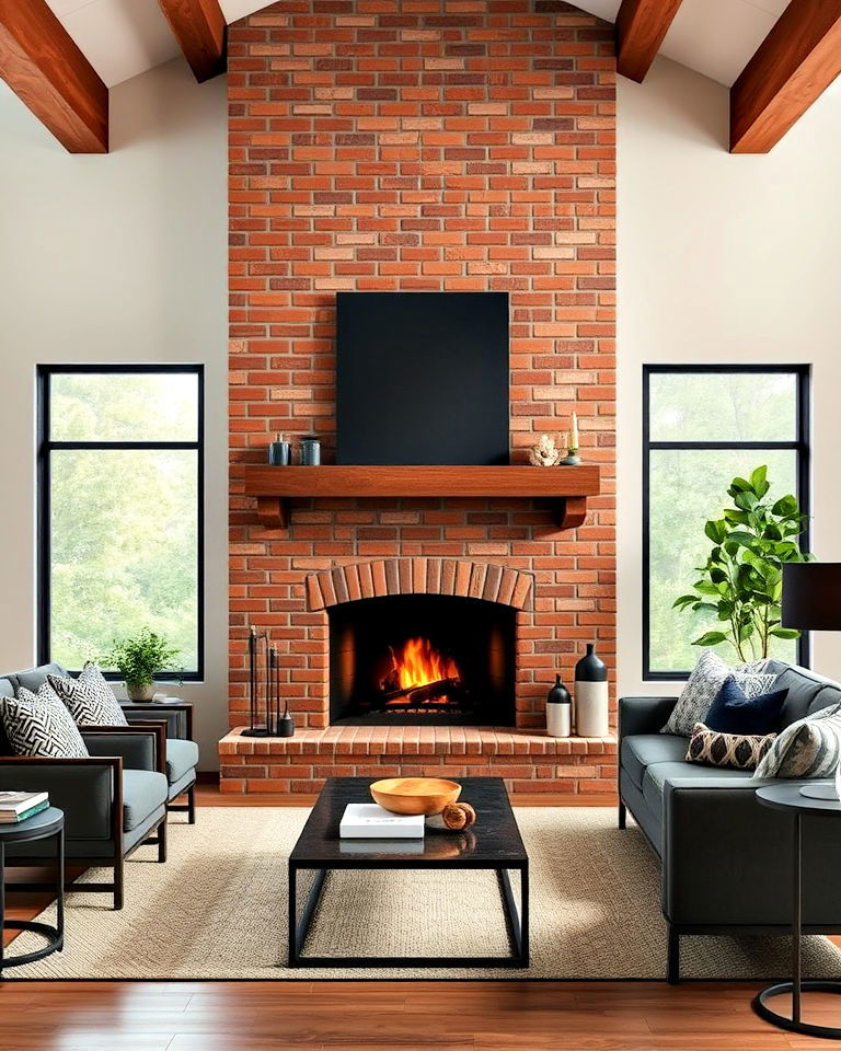 stacked brick fireplace with a modern twist
