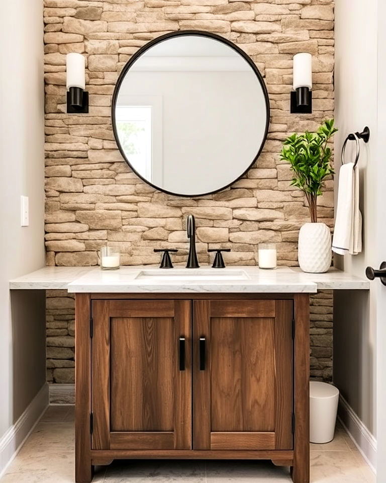 stacked stone bathroom backsplash
