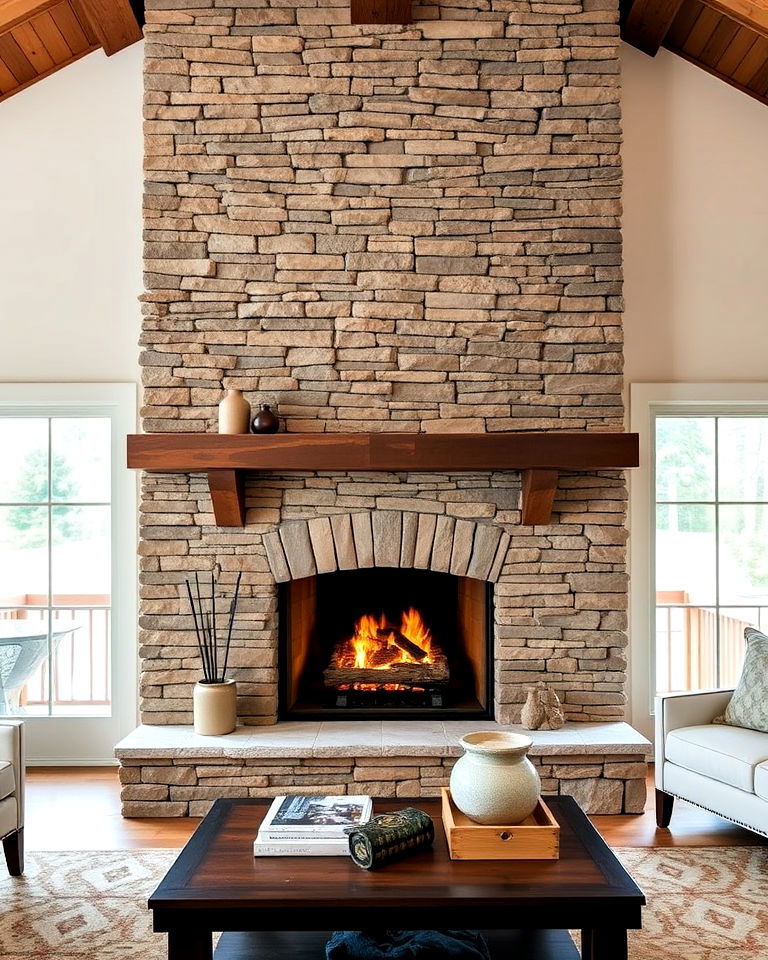 stacked stone craftsman fireplace