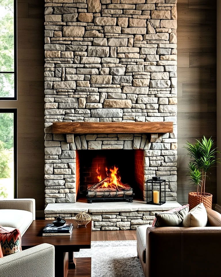 stacked stone faux fireplace