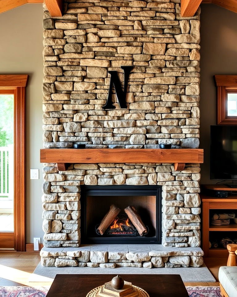 stacked stone fireplace surround