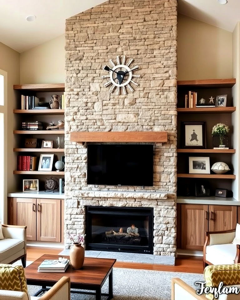 stacked stone fireplace with built in shelves