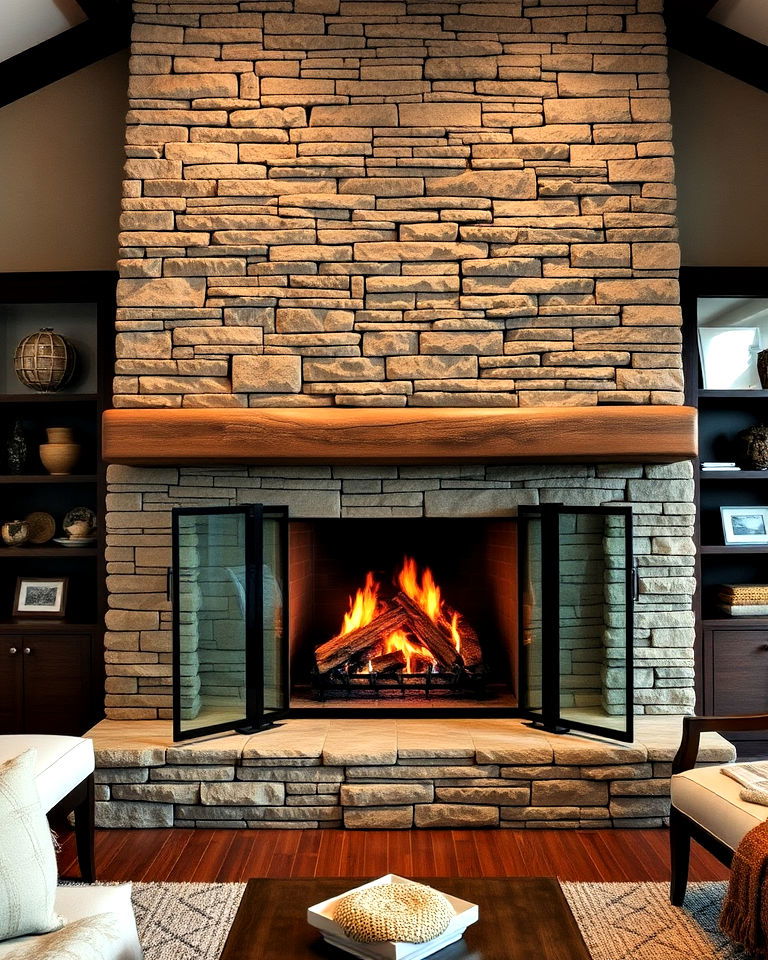 stacked stone fireplace with glass doors