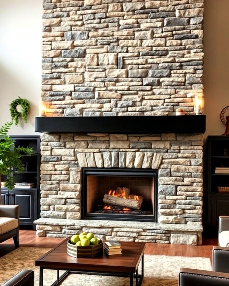 stacked stone fireplace with metal surround