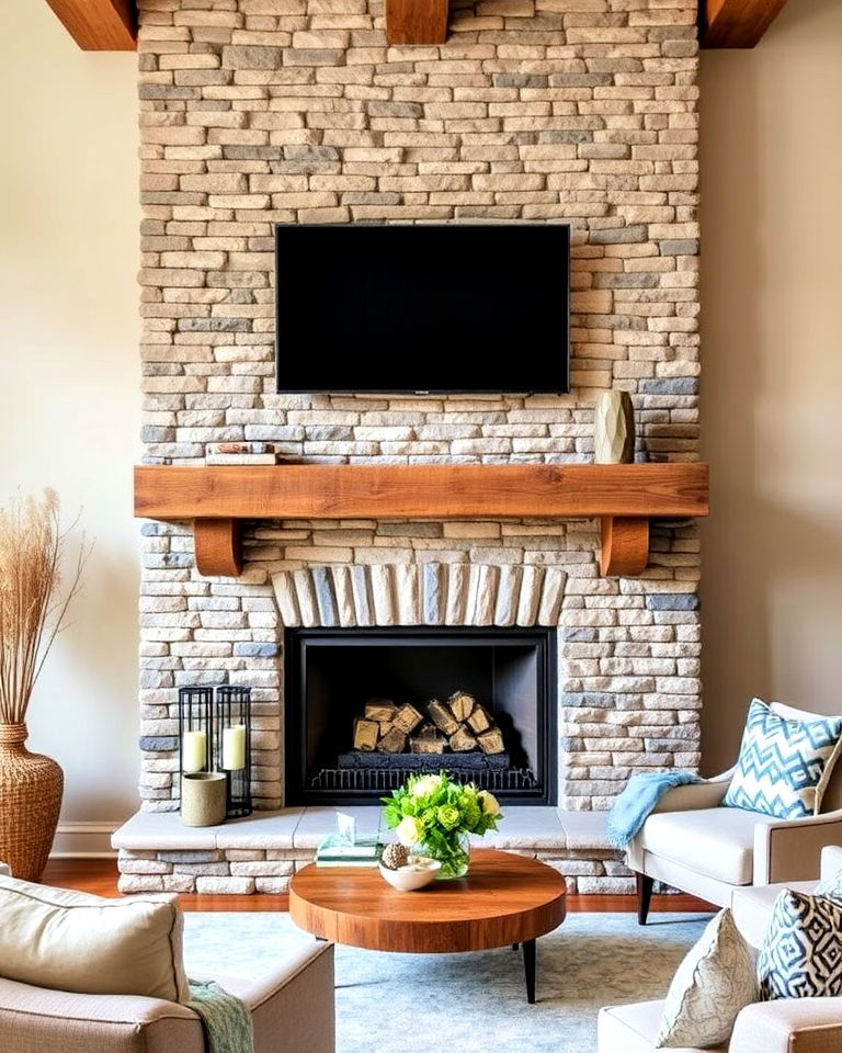 stacked stone fireplace with reclaimed wood mantel