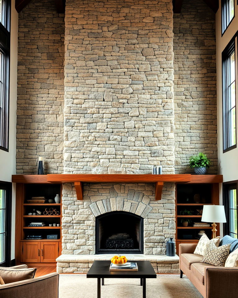 stacked stone fireplace with rustic charm