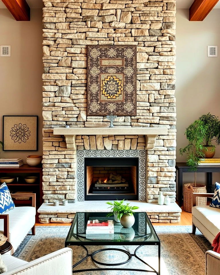 stacked stone fireplace with tile accents