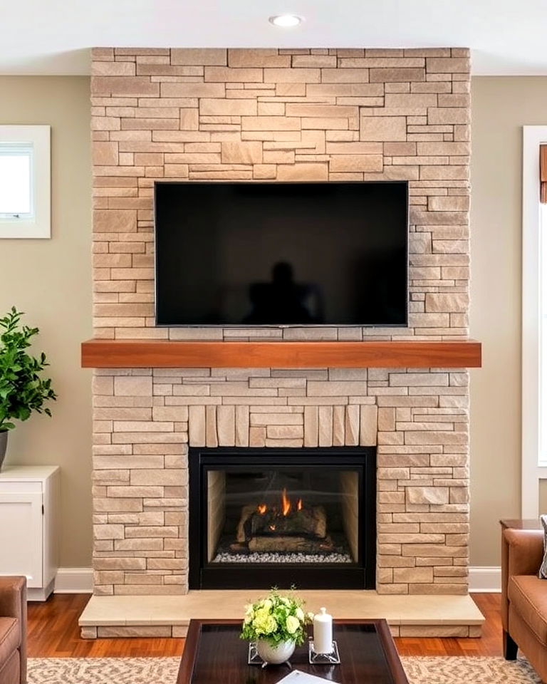 stacked stone fireplace with tv mount