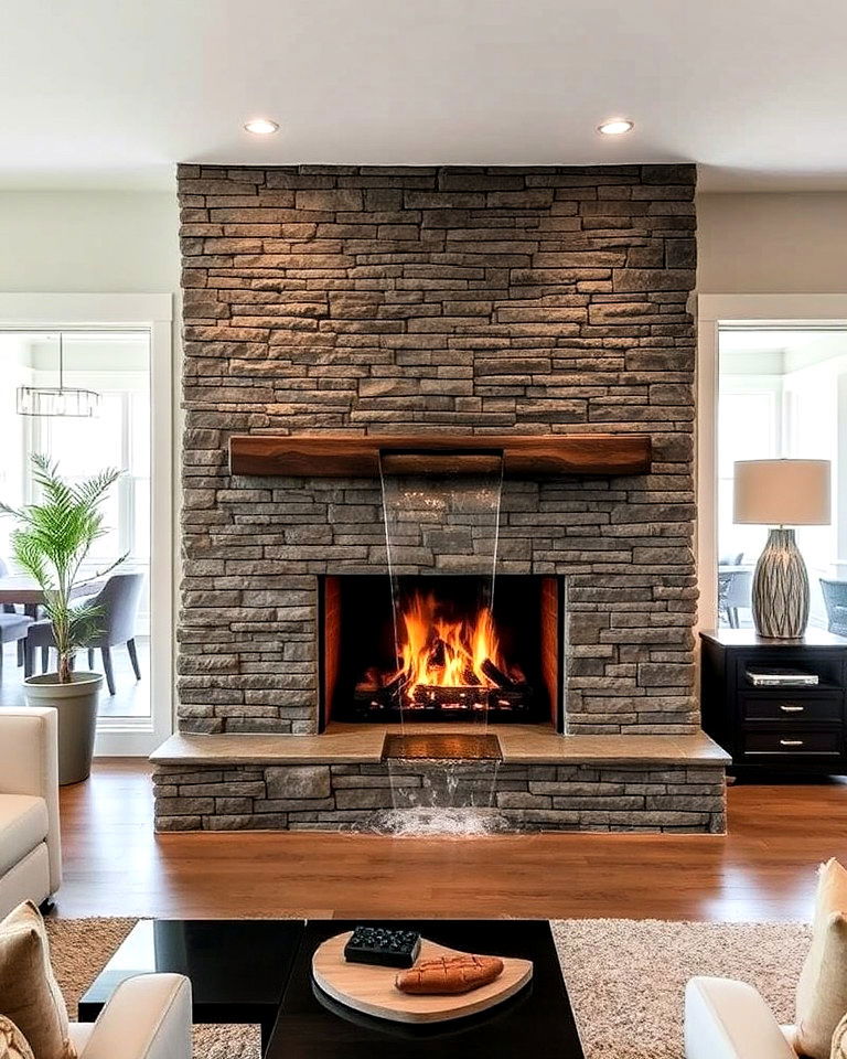 stacked stone fireplace with water feature