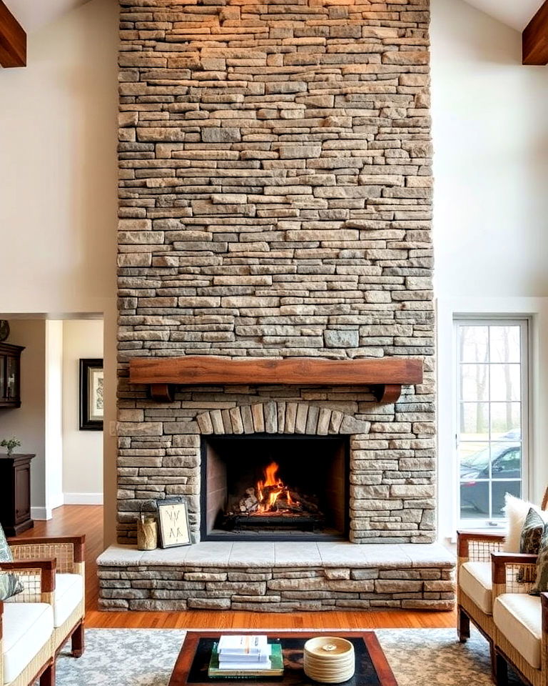 stacked stone floor to ceiling fireplace