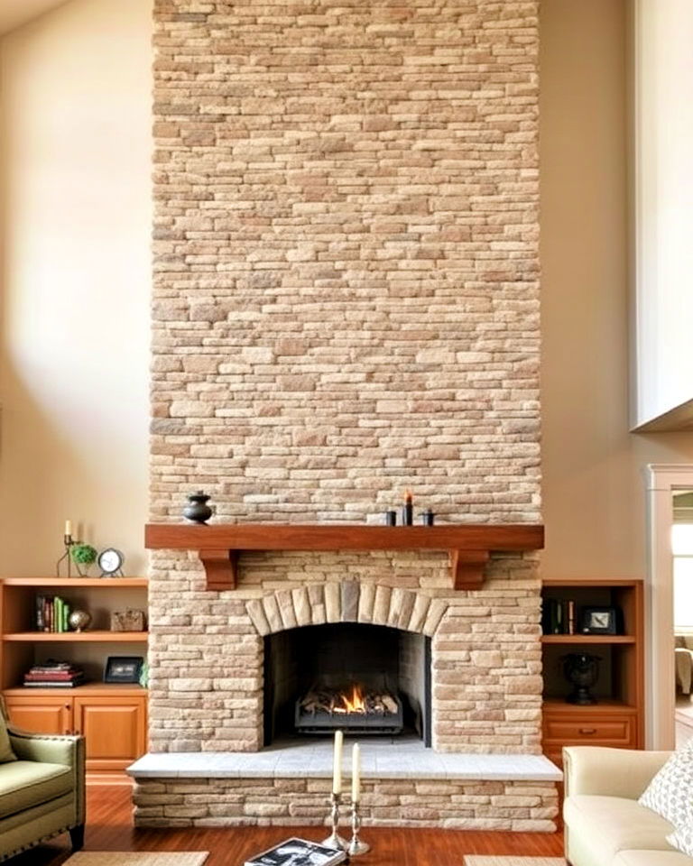 stacked stone floor to ceiling fireplace