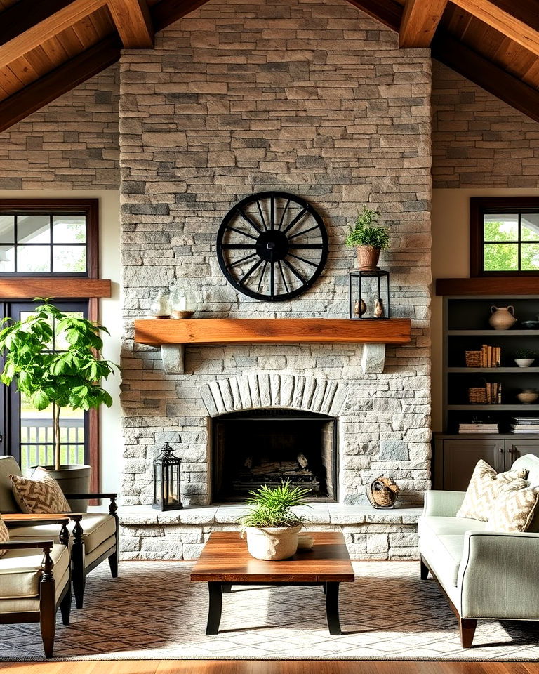 stacked stone tile farmhouse fireplace