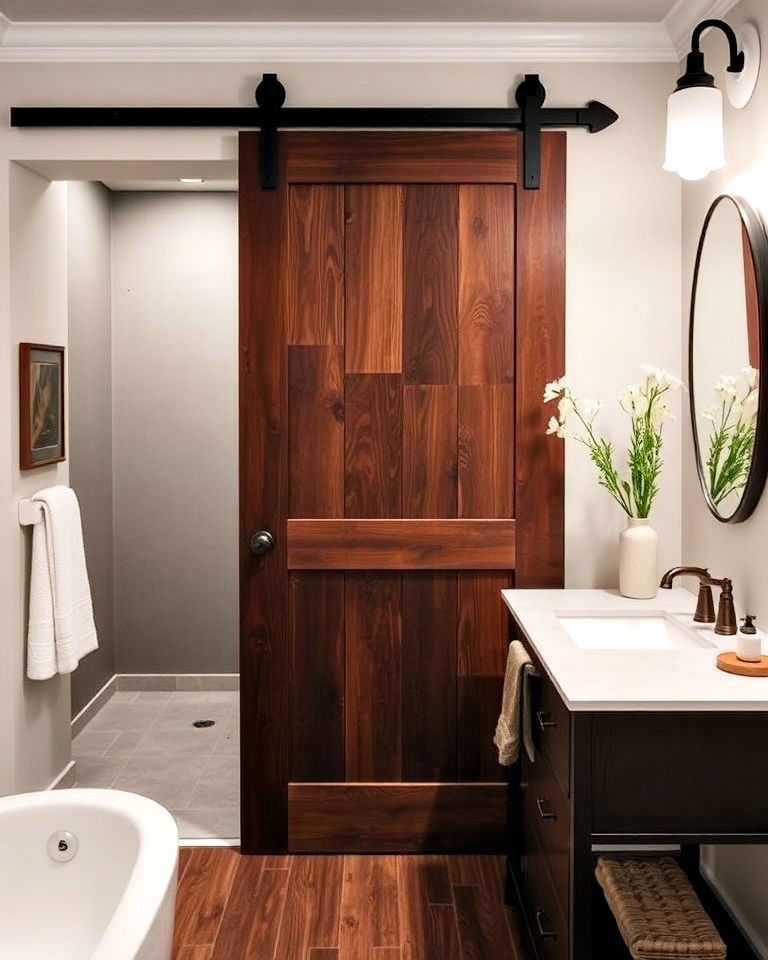stained barn door for bathroom