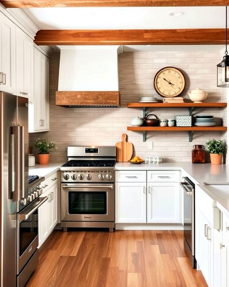 stainless steel appliances in a farmhouse style kitchen