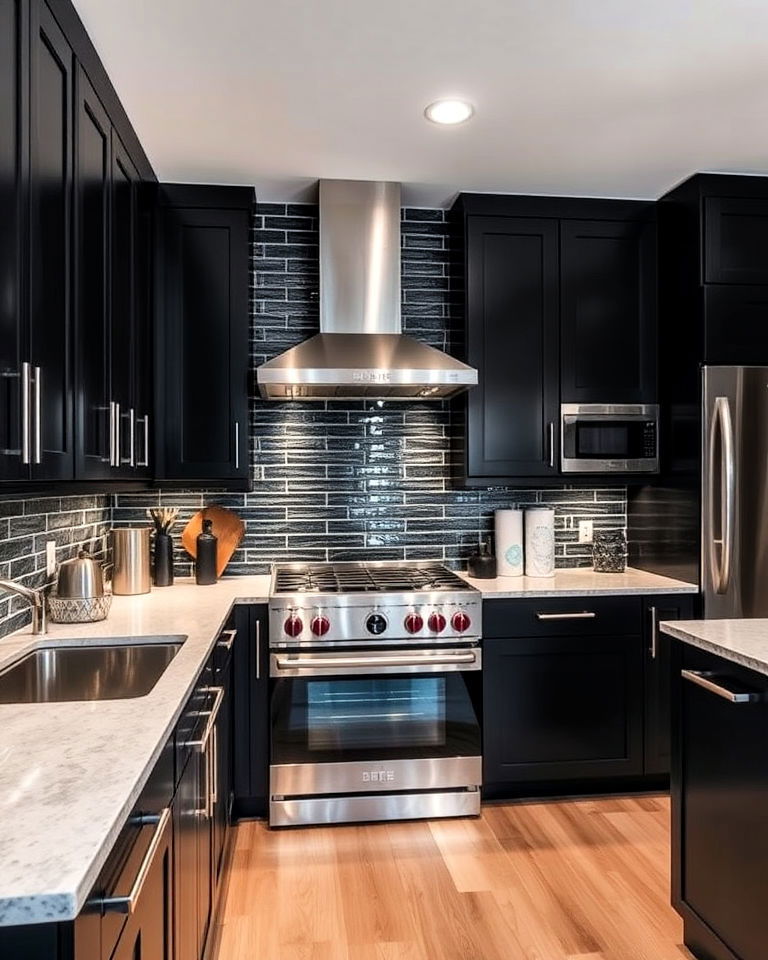 stainless steel kitchen appliances with black accents