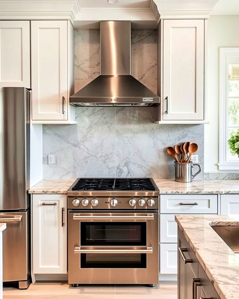 stainless steel kitchen appliances with natural stone countertops