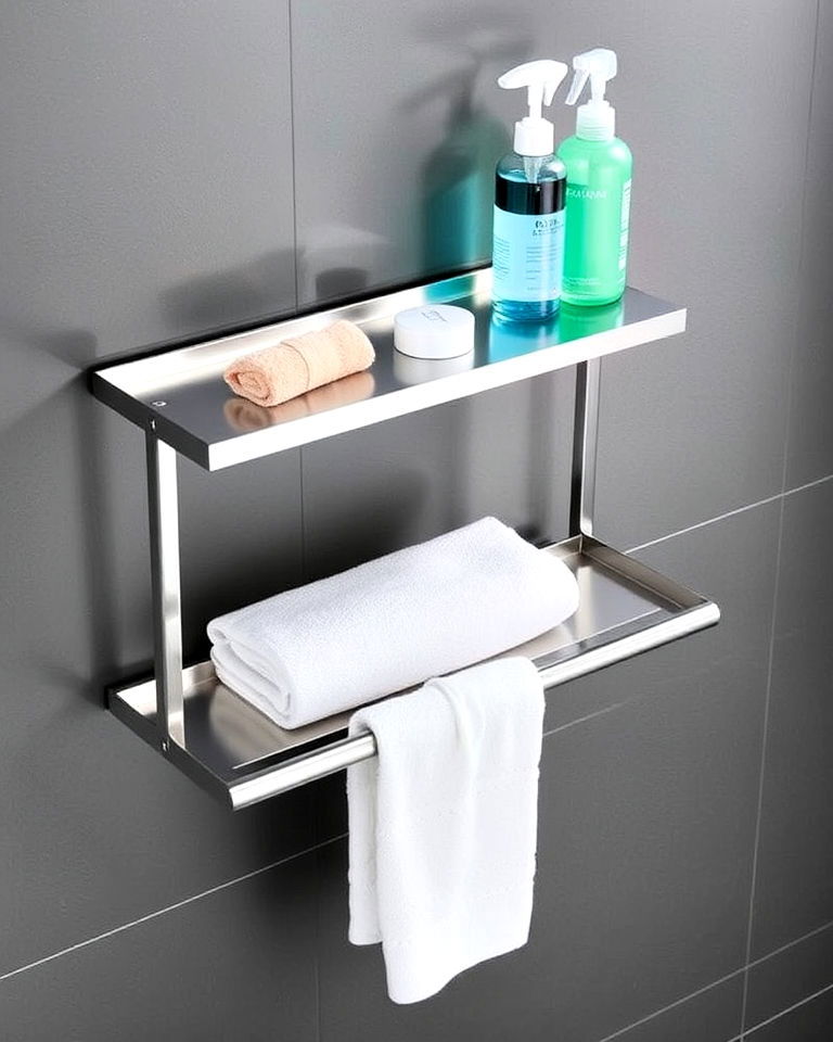 stainless steel shelf with bar for towels and toiletries