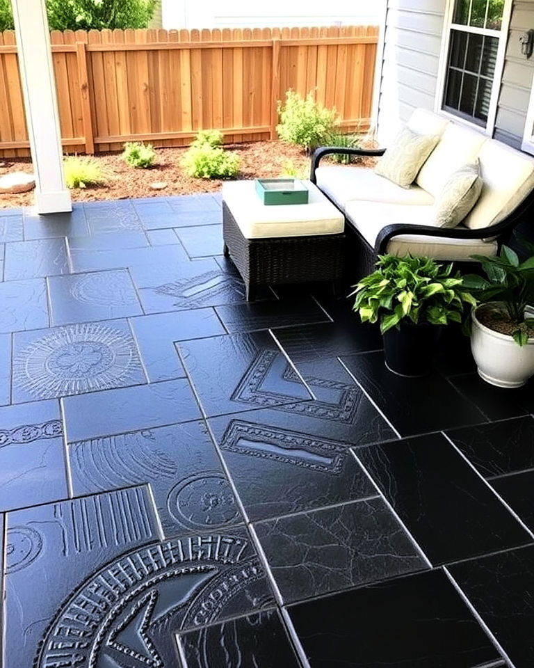 stamped black concrete patio floor