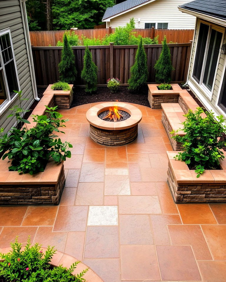 stamped concrete patio with a fire pit and built in planters