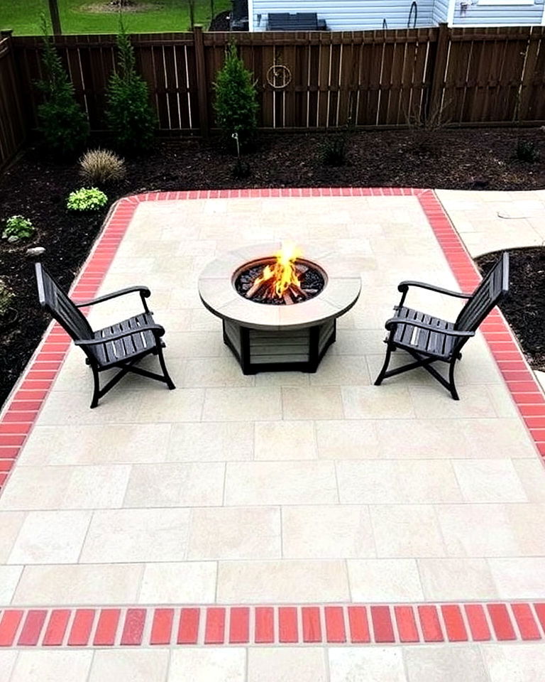 stamped concrete patio with brick border patio and a fire pit table