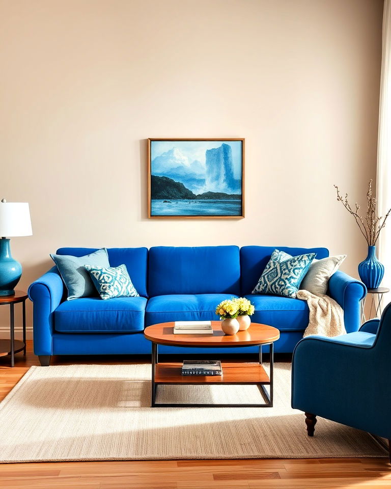 statement blue sofa with beige backdrop