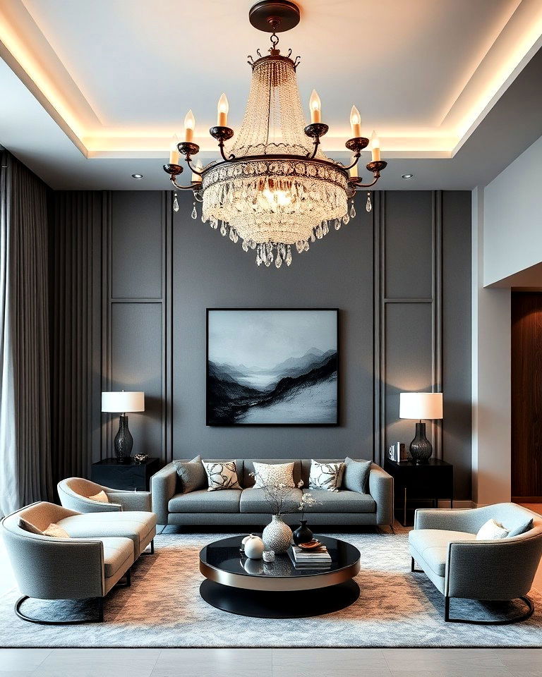 statement chandelier for a grey and white living room