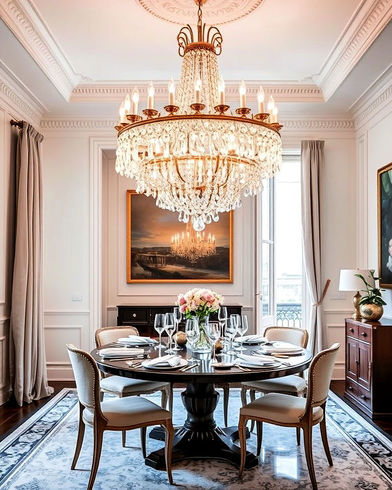 statement chandelier parisian dining room