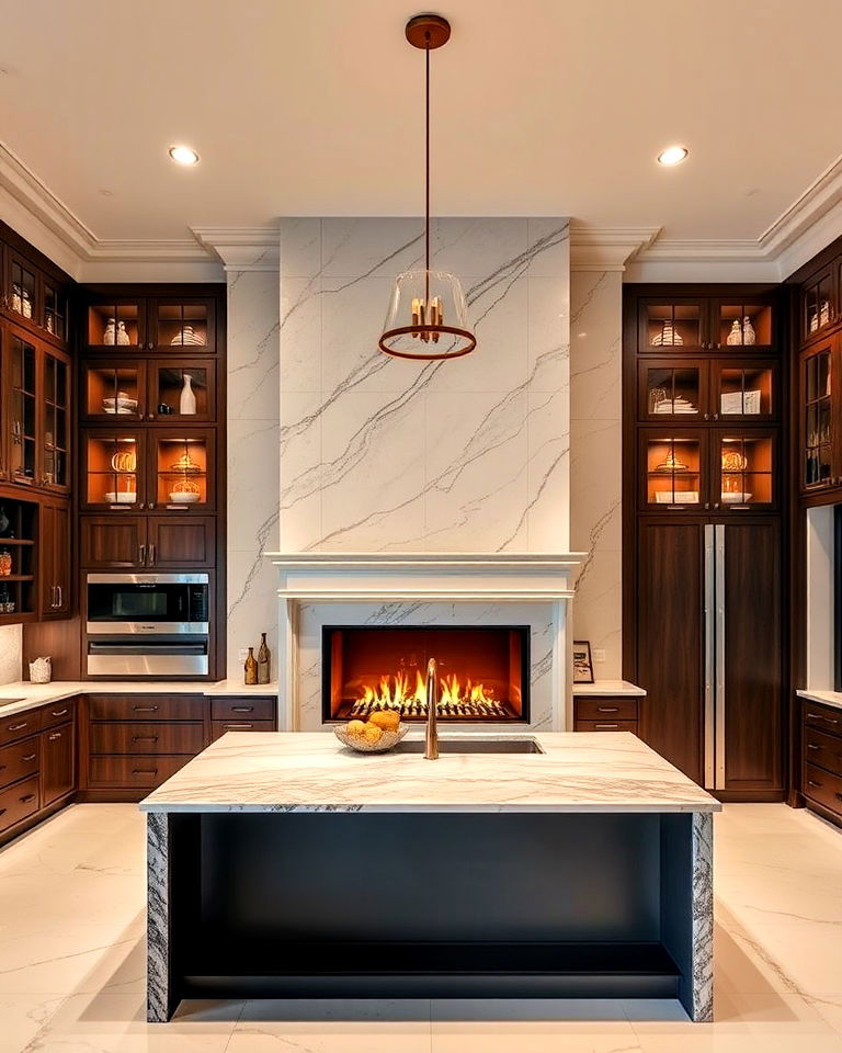 statement floor to ceiling marble fireplace in a luxury kitchen