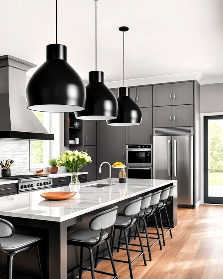 statement lighting in black and gray kitchen