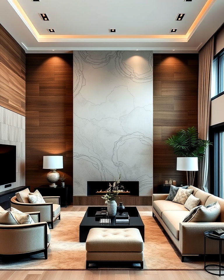 statement wood paneled living room walls