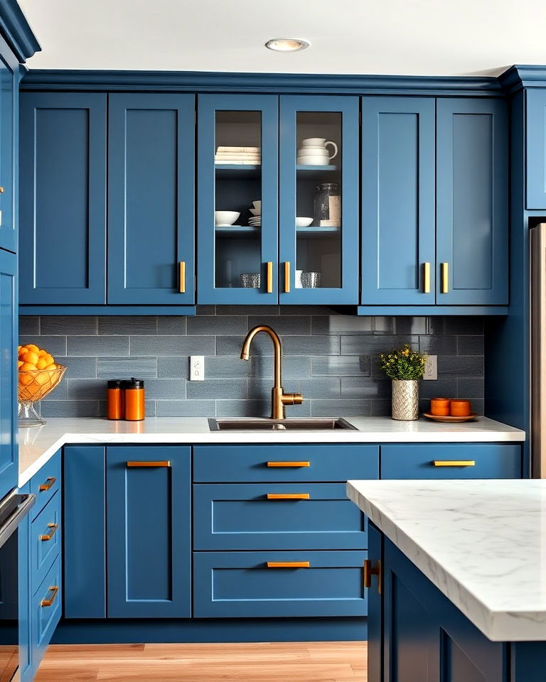 steel blue cabinets with geometric gold pulls