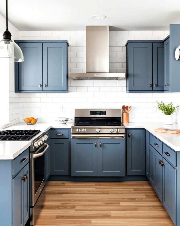 steel blue cabinets with white backsplash