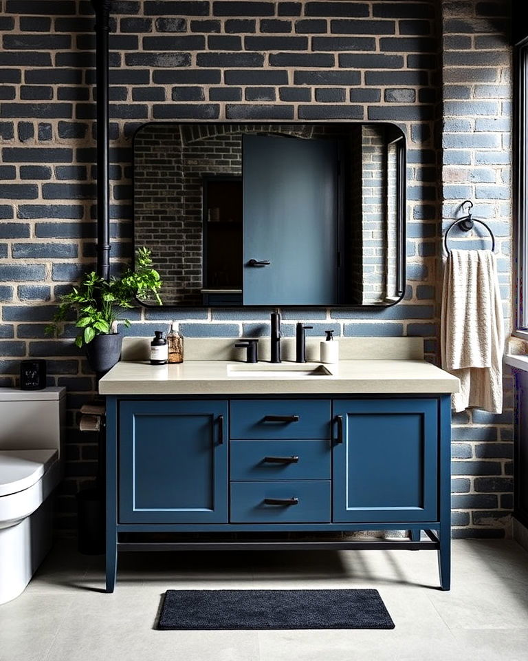 steel blue vanity with industrial accents