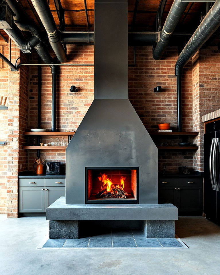 steel fireplace in an urban loft kitchen