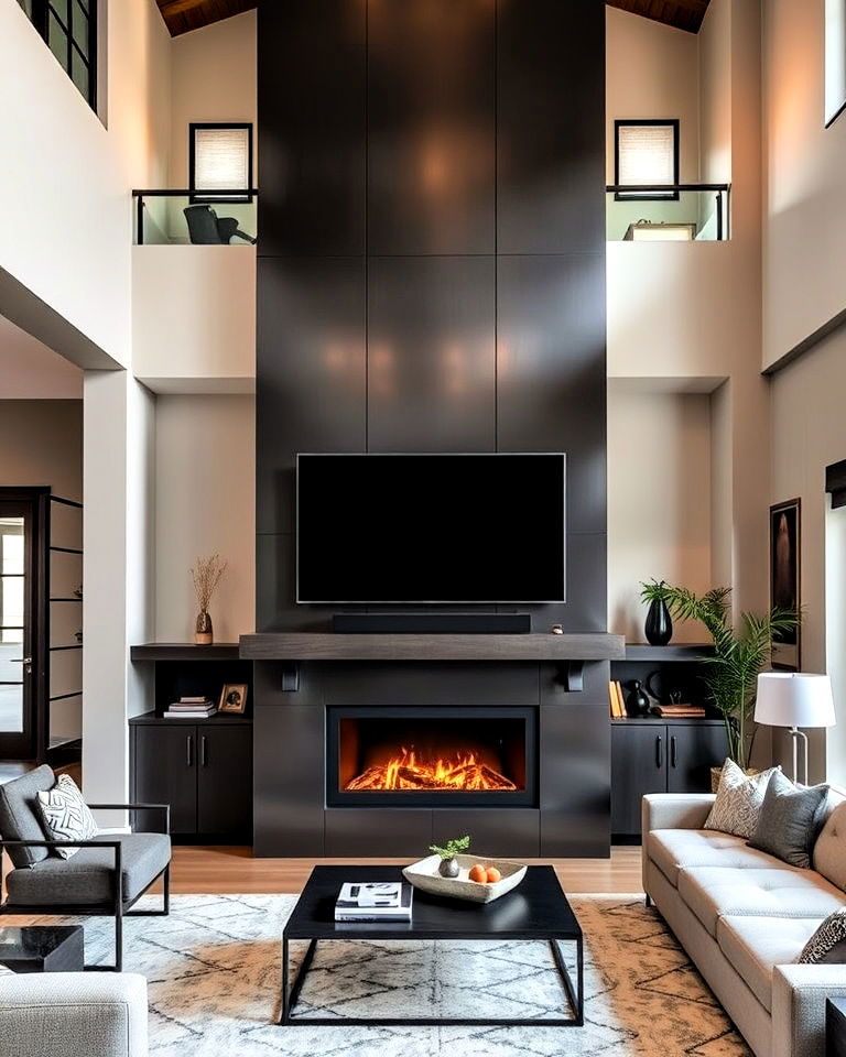 steel fireplace with built in tv space