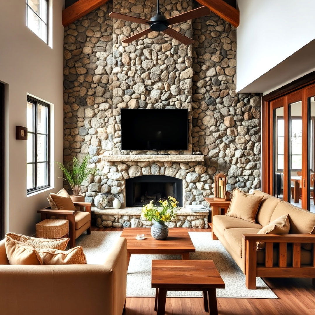 stone accent wall in living room