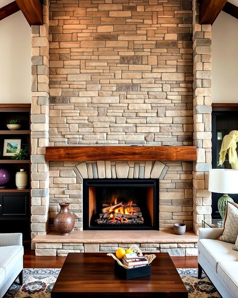 stone clad fireplace wall