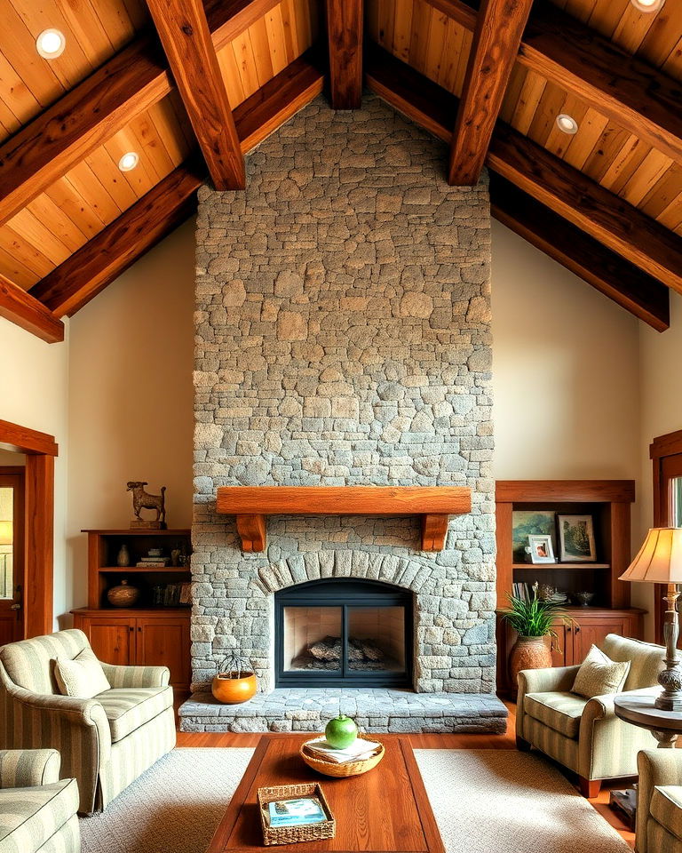 stone craftsman fireplace with exposed beams