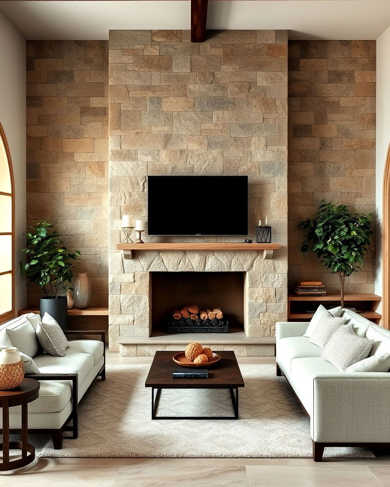 stone feature wall in mediterranean living room