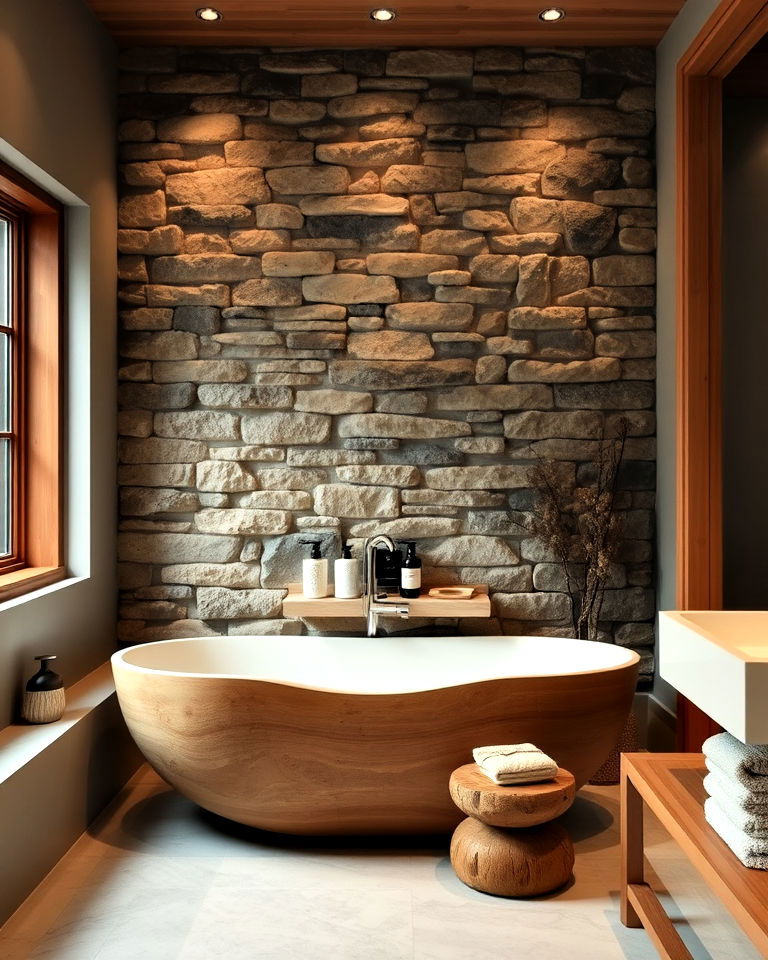 stone feature wall in the bathroom