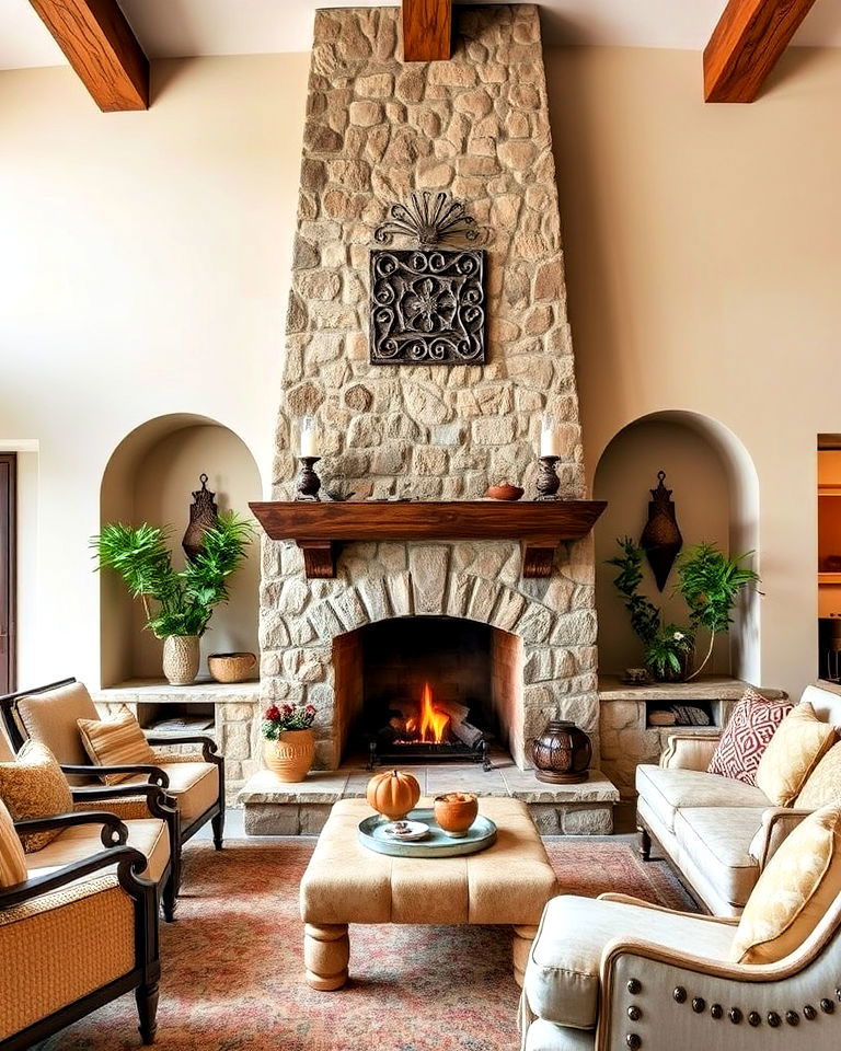 stone fireplace as focal point