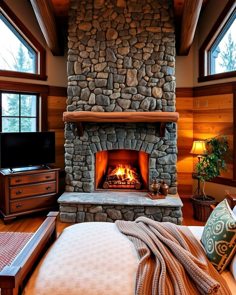 stone fireplace into your cabin bedroom